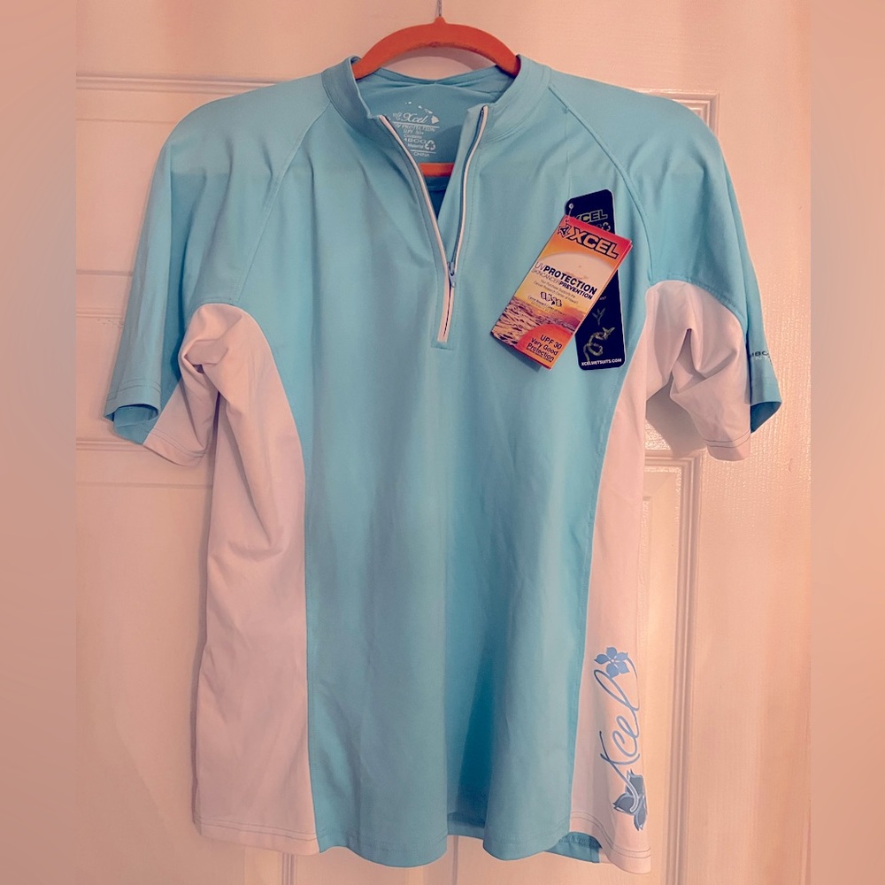 XCEL Tennis/Cycling Jersey Sun protection Women's. Sz L. New.Aqua/White .